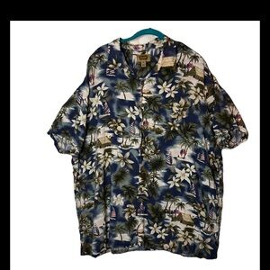 The Foundry Supply Co. 2XL Hawaiian Shirt Palm Tree Island Sail Boat USA Flags